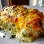 A close-up of Cheesy Baked Chicken with Cream Sauce, topped with melted, browned cheese and fresh parsley.