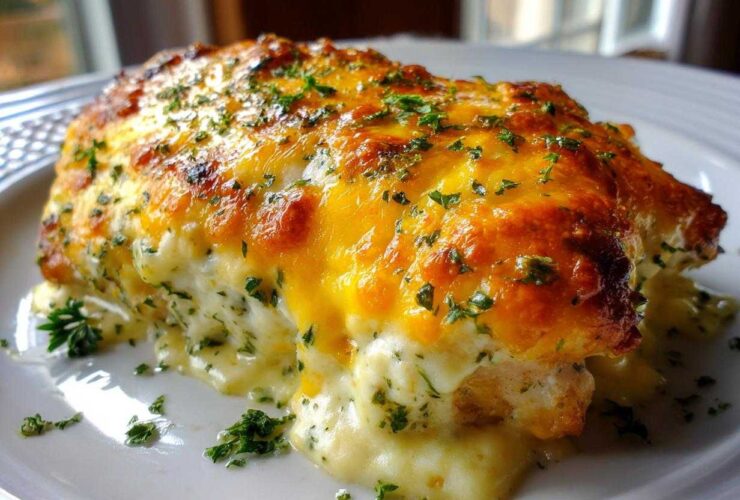 A close-up of Cheesy Baked Chicken with Cream Sauce, topped with melted, browned cheese and fresh parsley.