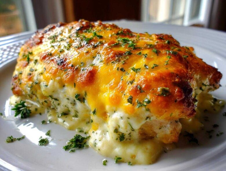 A close-up of Cheesy Baked Chicken with Cream Sauce, topped with melted, browned cheese and fresh parsley.