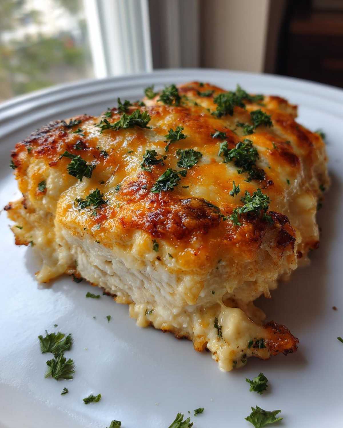 A close-up of a portion of Cheesy Baked Chicken with Cream Sauce, showing the tender white meat and browned, bubbly cheese topping.