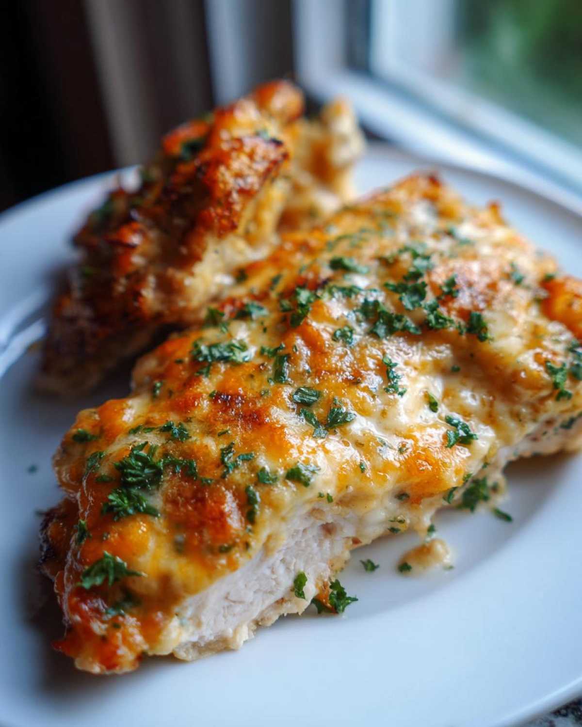 A close-up of a slice of Cheesy Baked Chicken with Cream Sauce, topped with melted golden cheese and fresh parsley.