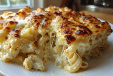 A close-up of a serving of Cheesy Chicken Alfredo Pasta Bake with Mozzarella, showing gooey cheese pulls and a browned top.