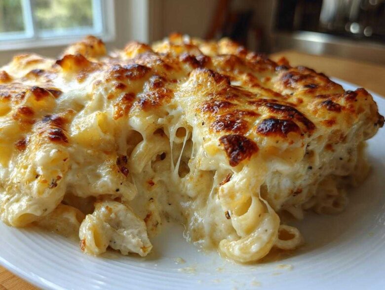 A close-up of a serving of Cheesy Chicken Alfredo Pasta Bake with Mozzarella, showing gooey cheese pulls and a browned top.