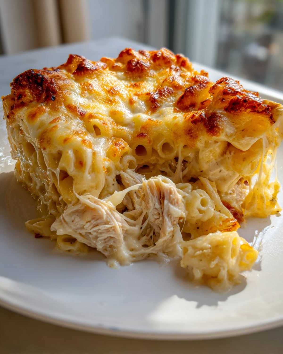 A generous serving of Cheesy Chicken Alfredo Pasta Bake with Mozzarella showing melted, browned cheese and shredded chicken.