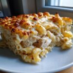 A close-up of a hearty serving of Cheesy Chicken Alfredo Pasta Bake with Mozzarella, showing browned cheese topping and chunks of chicken.