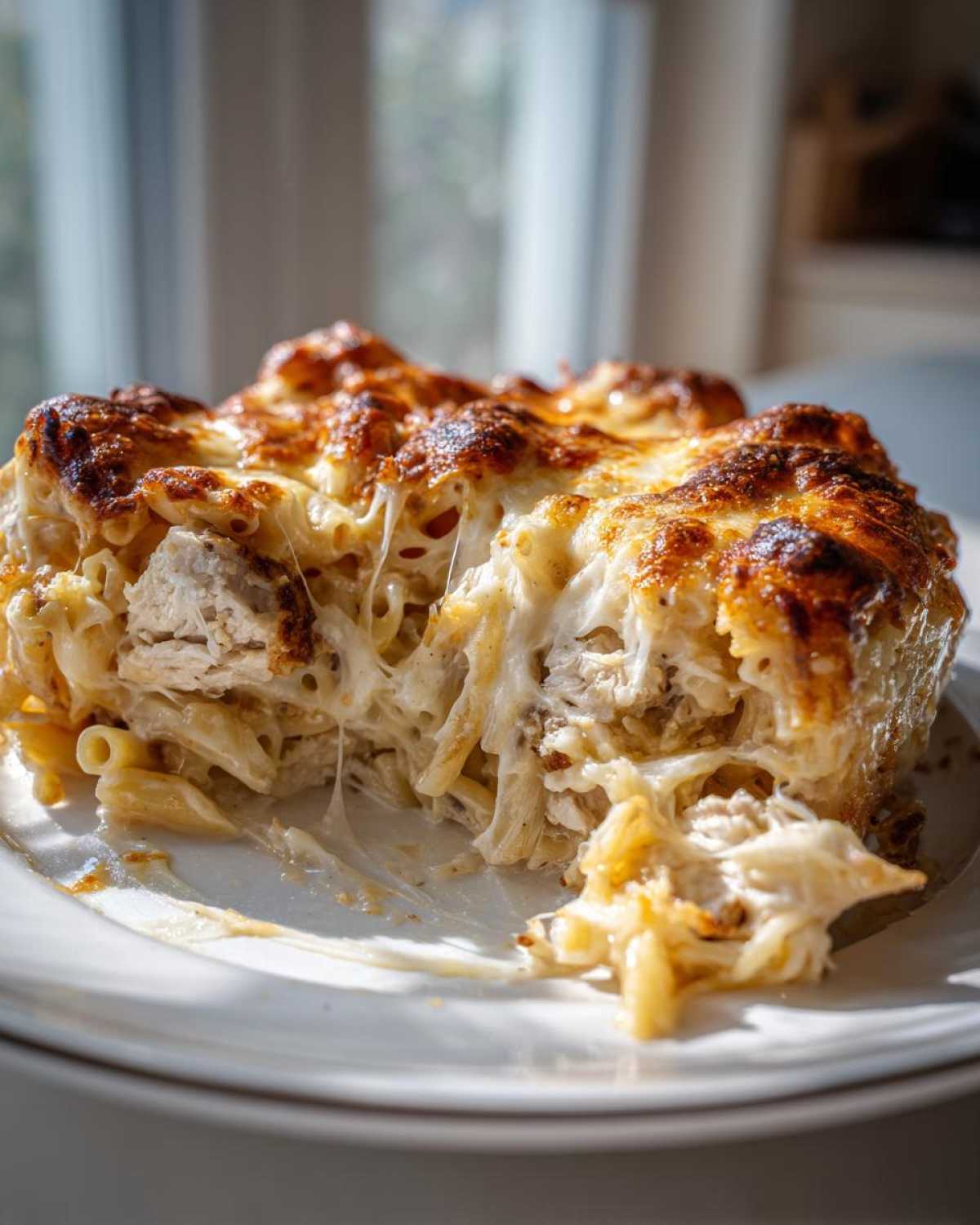 A serving of Cheesy Chicken Alfredo Pasta Bake with Mozzarella showing melted, browned cheese pull and chunks of chicken.