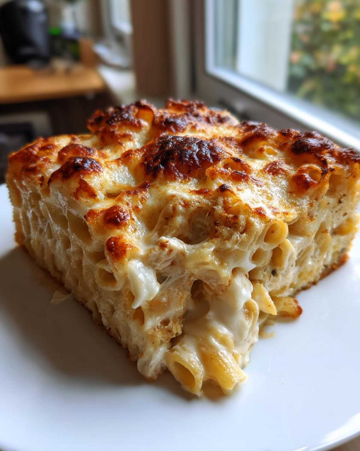 A thick slice of Cheesy Chicken Alfredo Pasta Bake with Mozzarella showing a golden-brown, bubbly cheese top and creamy pasta inside.