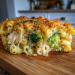 A close-up of a serving of Cheesy Chicken and Broccoli Pasta Bake showing melted cheese pulls, broccoli, and a golden breadcrumb topping.