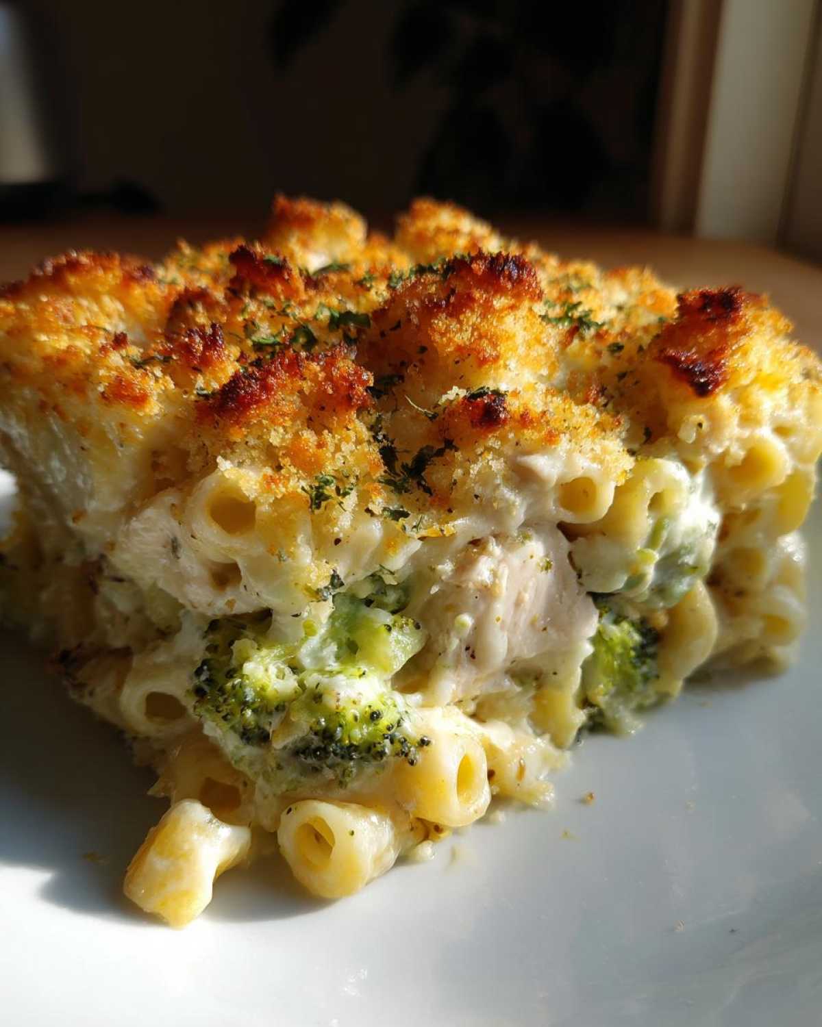 A close-up of a serving of Cheesy Chicken and Broccoli Pasta Bake with a golden, crunchy breadcrumb topping.