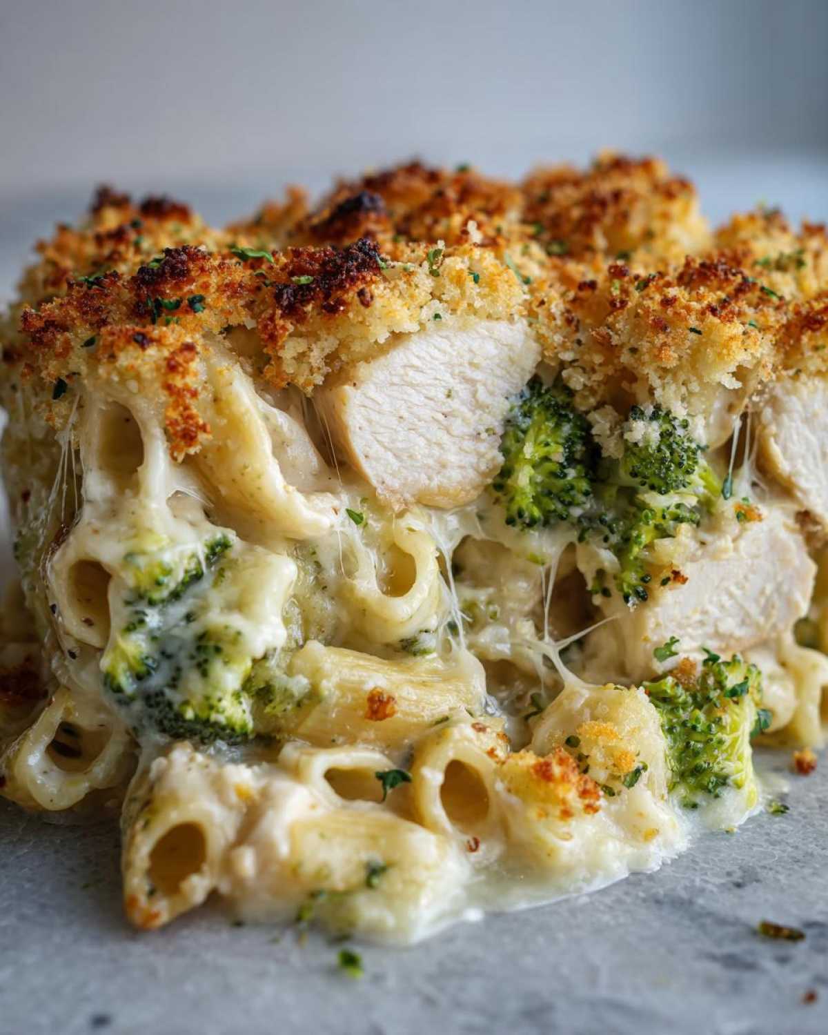Close-up of a serving of Cheesy Chicken and Broccoli Pasta Bake showing melted cheese pulls, chunks of chicken, and a golden breadcrumb topping.