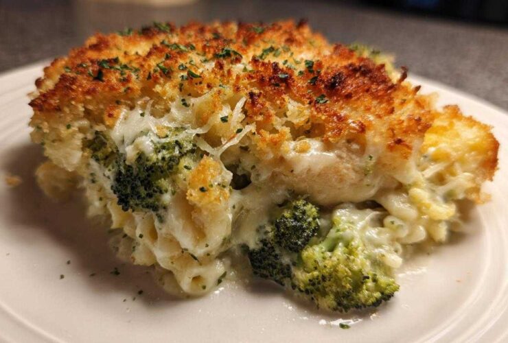 A close-up of a serving of Cheesy Chicken and Broccoli Pasta Bake, showing creamy sauce, broccoli florets, and a golden, crispy topping.