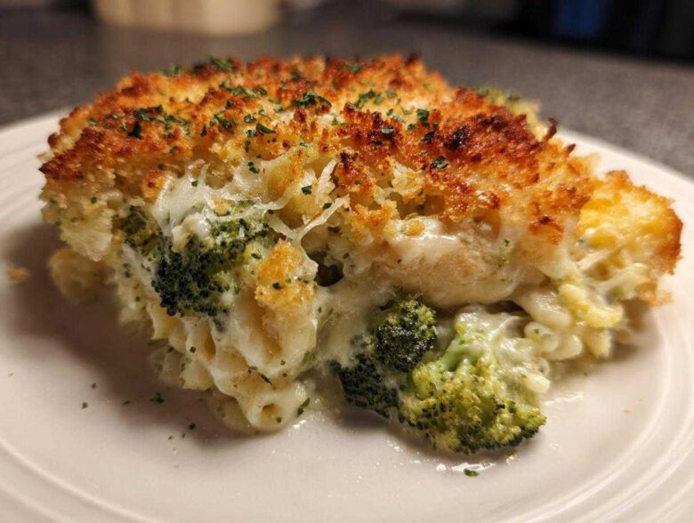A close-up of a serving of Cheesy Chicken and Broccoli Pasta Bake, showing creamy sauce, broccoli florets, and a golden, crispy topping.