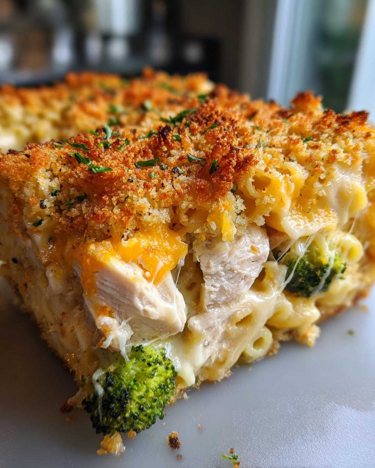 Close-up of a thick slice of Cheesy Chicken and Broccoli Pasta Bake with a golden, crunchy topping.