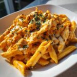 Close-up of a white bowl filled with Cheesy Chicken Pasta with Creamy Sauce, topped with melted cheese and parsley.