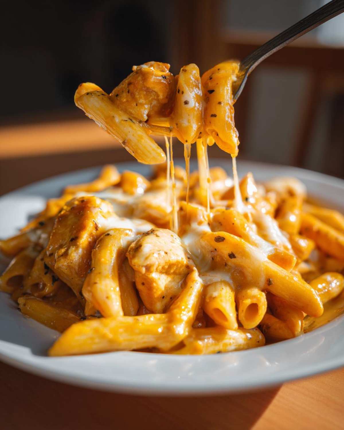 A fork lifting penne pasta, chicken, and creamy sauce from a plate of Cheesy Chicken Pasta with Creamy Sauce, showing dramatic cheese pull.