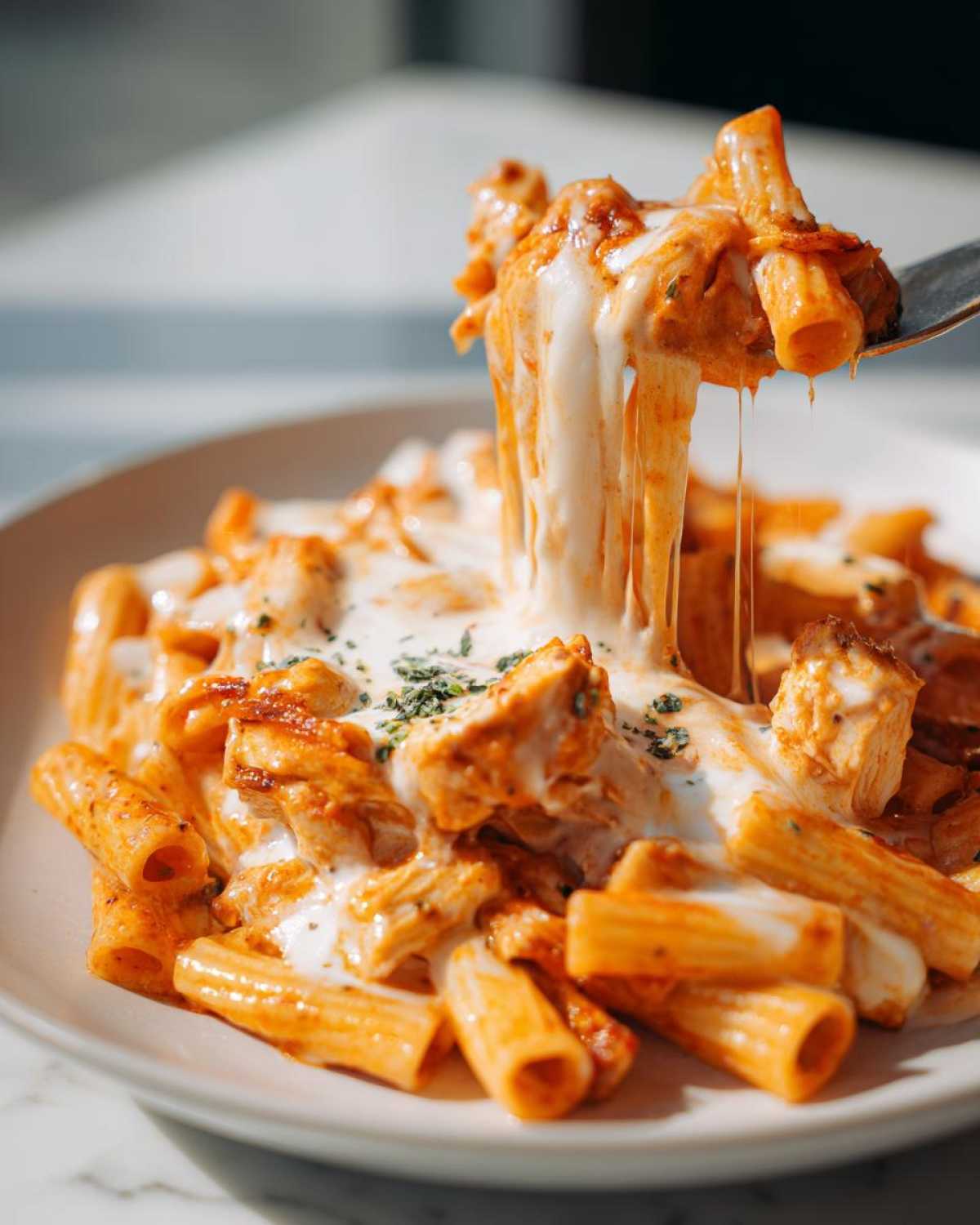 A fork lifting a bite of Cheesy Chicken Pasta with Creamy Sauce, showing a dramatic cheese pull.