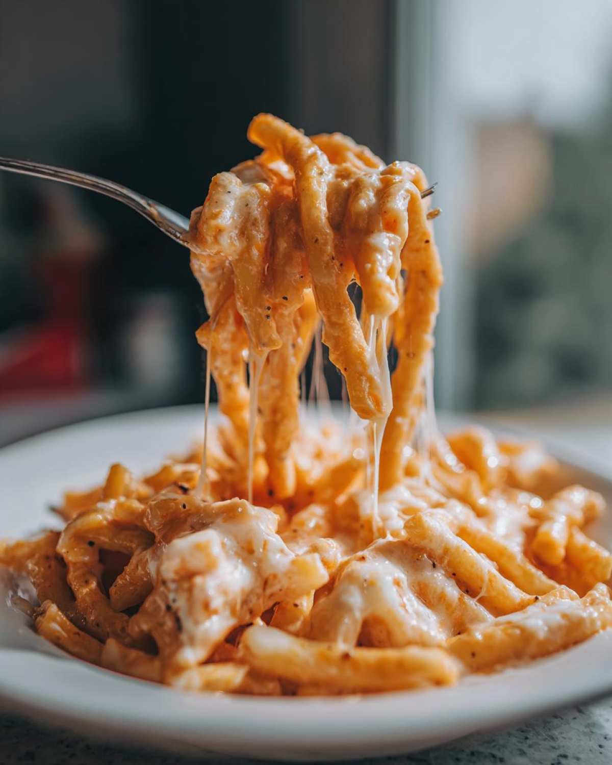 A fork lifts pasta coated in creamy sauce, showing a dramatic cheese pull from a bowl of Cheesy Chicken Pasta with Creamy Sauce.