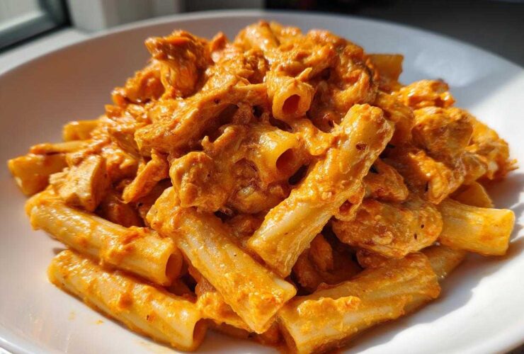 Close-up of Cheesy Chicken Pasta with Creamy Sauce featuring rigatoni pasta coated in a rich, orange sauce with visible chicken pieces.
