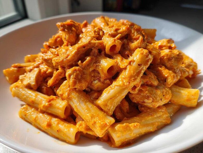 Close-up of Cheesy Chicken Pasta with Creamy Sauce featuring rigatoni pasta coated in a rich, orange sauce with visible chicken pieces.