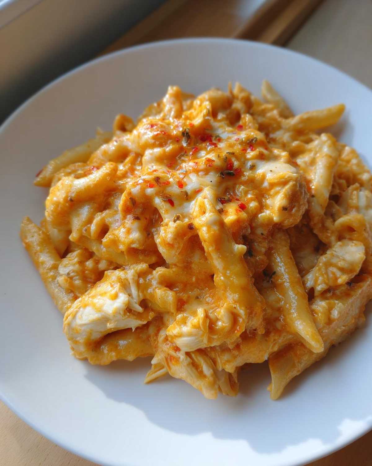 A close-up of a serving of Cheesy Chicken Pasta with Creamy Sauce topped with melted cheese and spices.