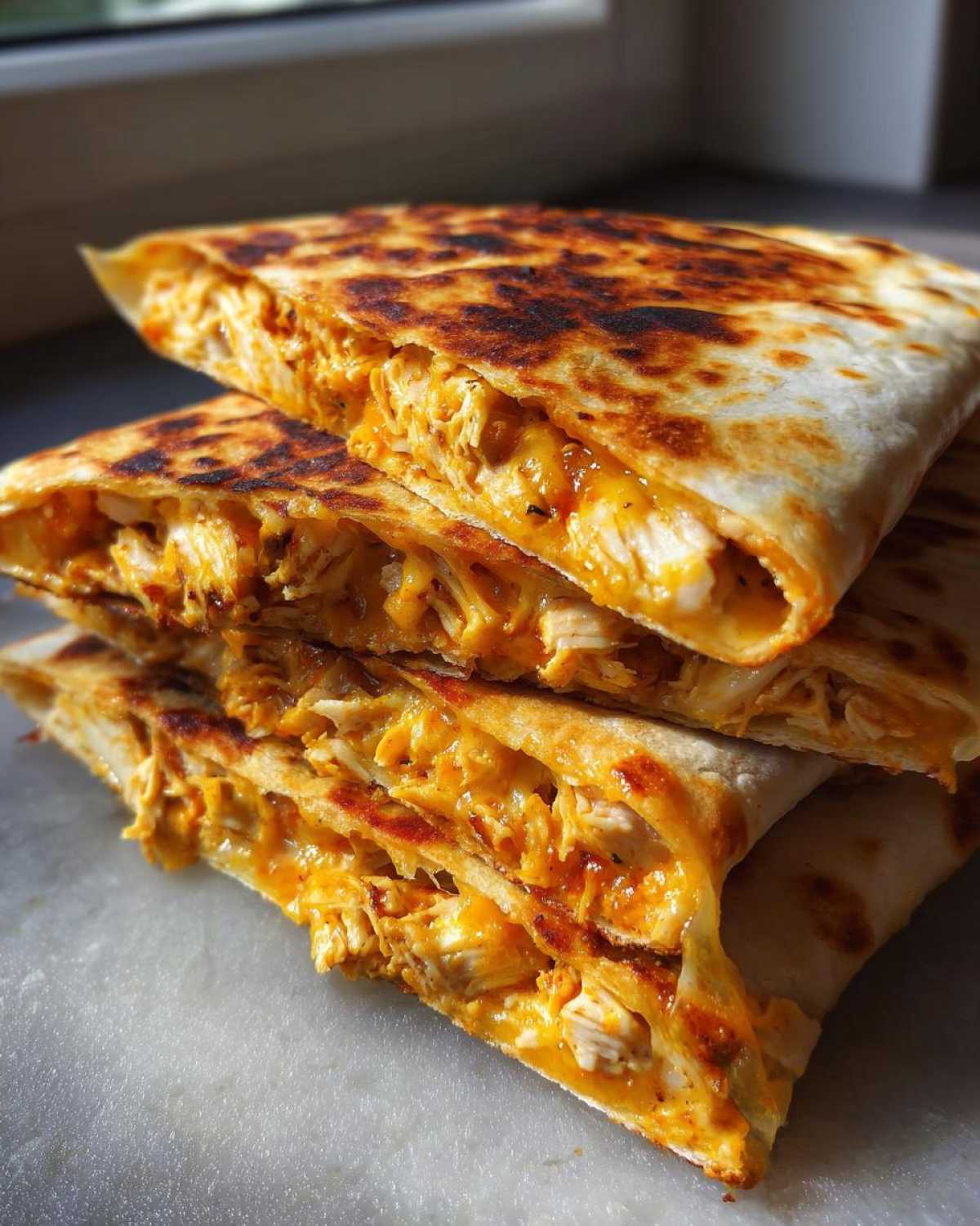 Close-up of stacked, crispy Cheesy Chicken Quesadilla wedges showing shredded chicken and melted orange cheese.