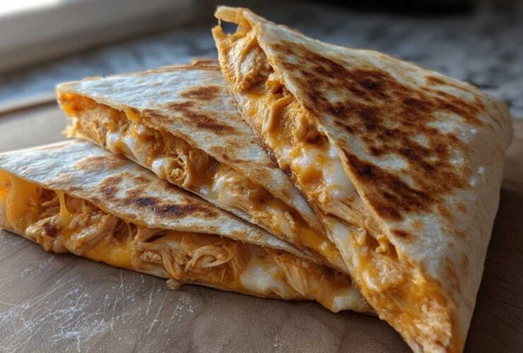 Four stacked wedges of Cheesy Chicken Quesadilla with crispy, golden-brown tortillas showing melted cheese and shredded chicken filling.