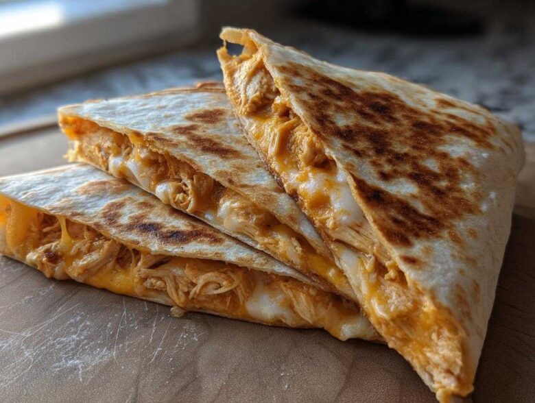 Four stacked wedges of Cheesy Chicken Quesadilla with crispy, golden-brown tortillas showing melted cheese and shredded chicken filling.