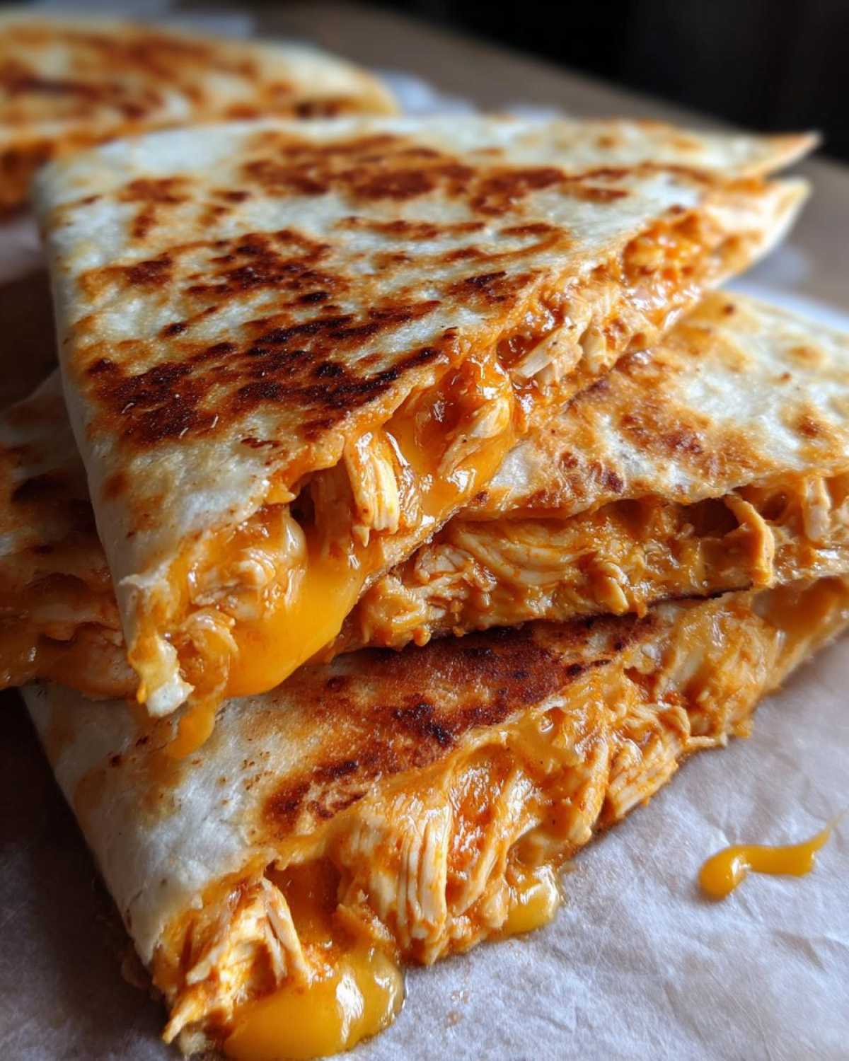 Close-up of a Cheesy Chicken Quesadilla cut into wedges, showing shredded chicken and melted orange cheese oozing out.