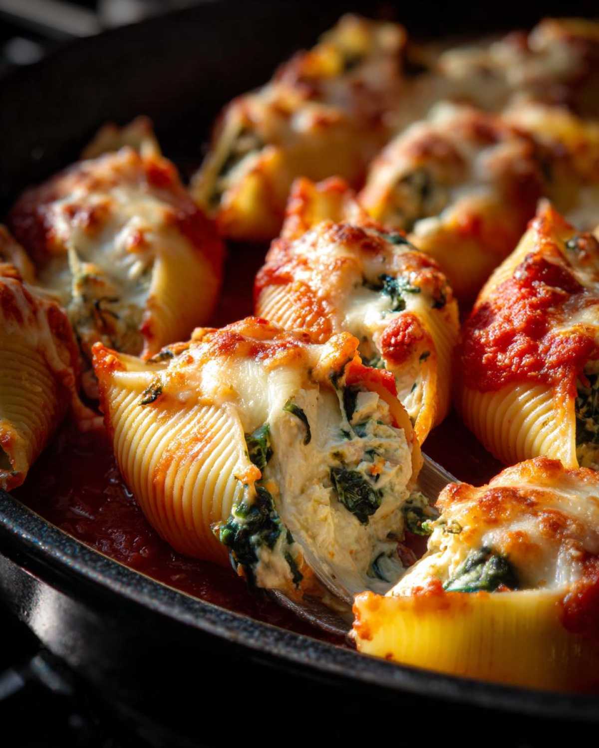 Close-up of baked Cheesy Chicken Stuffed Shells with Spinach, topped with melted cheese and tomato sauce.