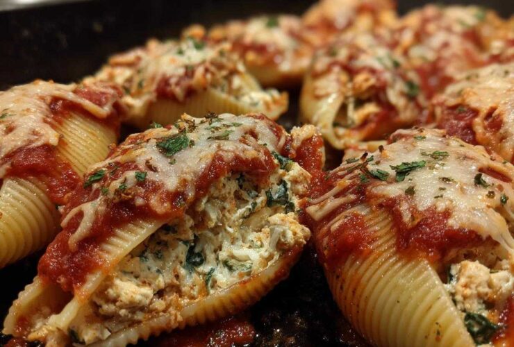Close-up of baked Cheesy Chicken Stuffed Shells with Spinach, topped with melted mozzarella and marinara sauce.