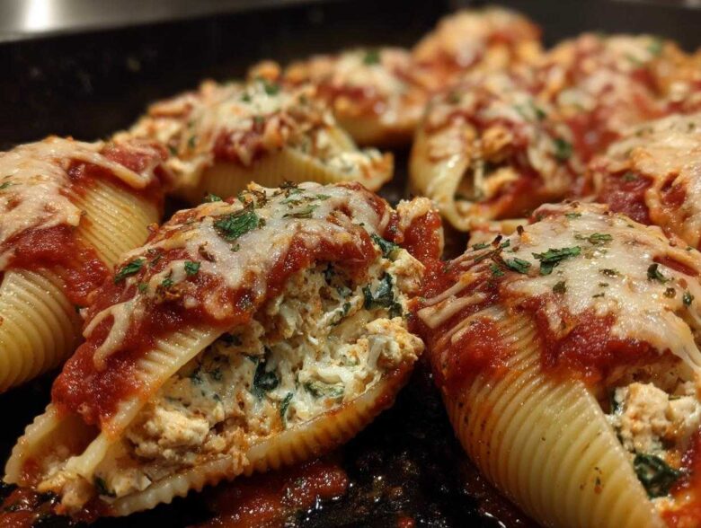 Close-up of baked Cheesy Chicken Stuffed Shells with Spinach, topped with melted mozzarella and marinara sauce.