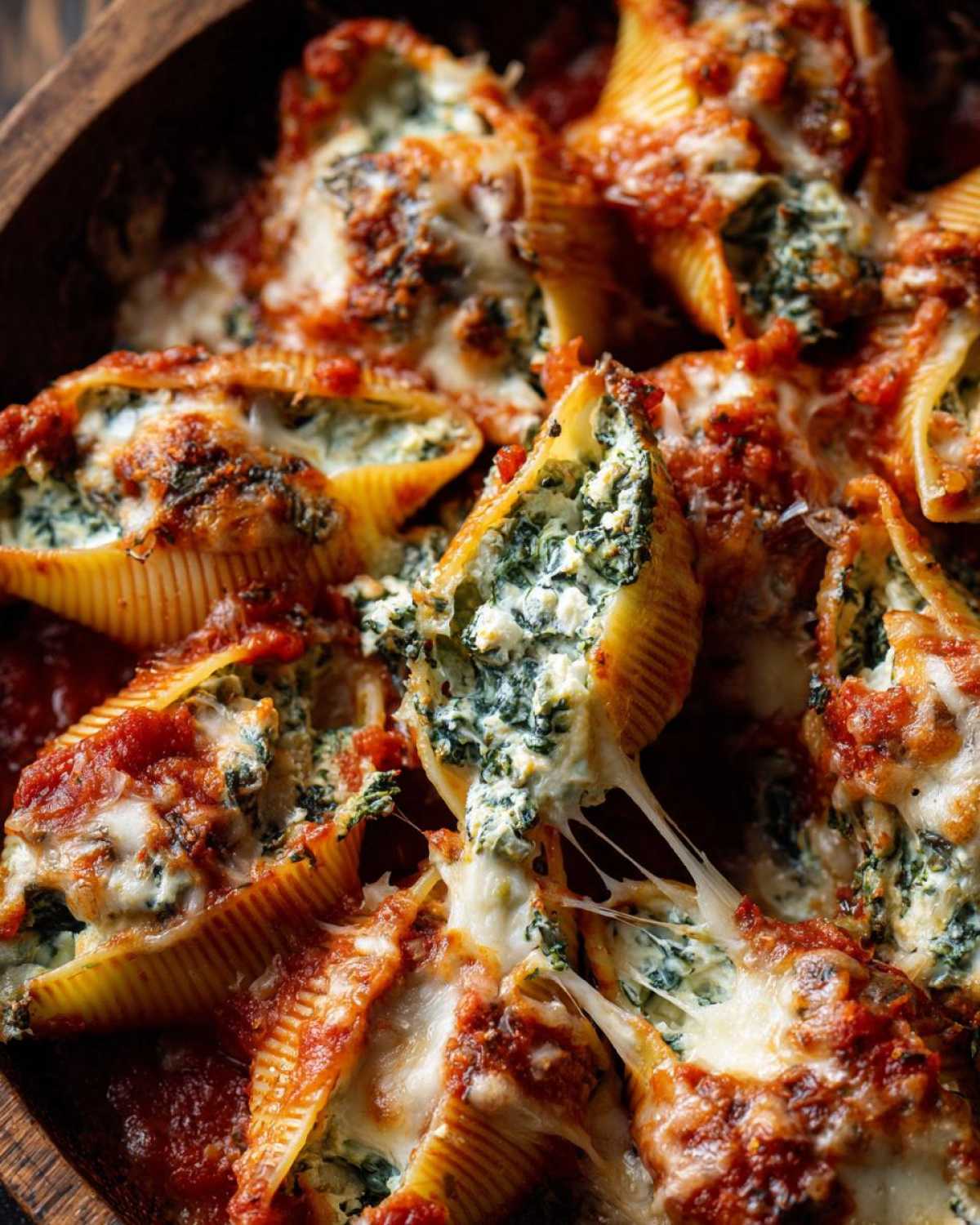 Close-up of baked Cheesy Chicken Stuffed Shells with Spinach, showing melted cheese pull.