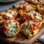 Close-up of baked Cheesy Chicken Stuffed Shells with Spinach, topped with melted mozzarella and marinara sauce.