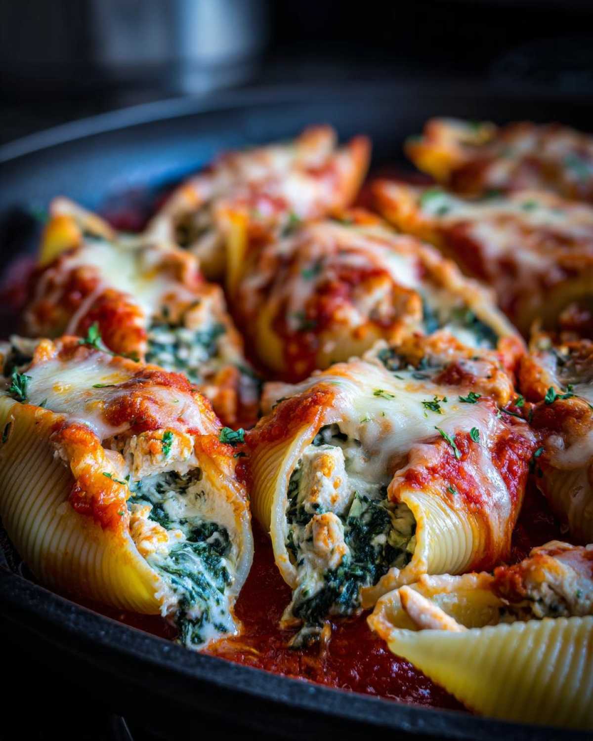 Close-up of baked Cheesy Chicken Stuffed Shells with Spinach covered in melted mozzarella and marinara sauce.