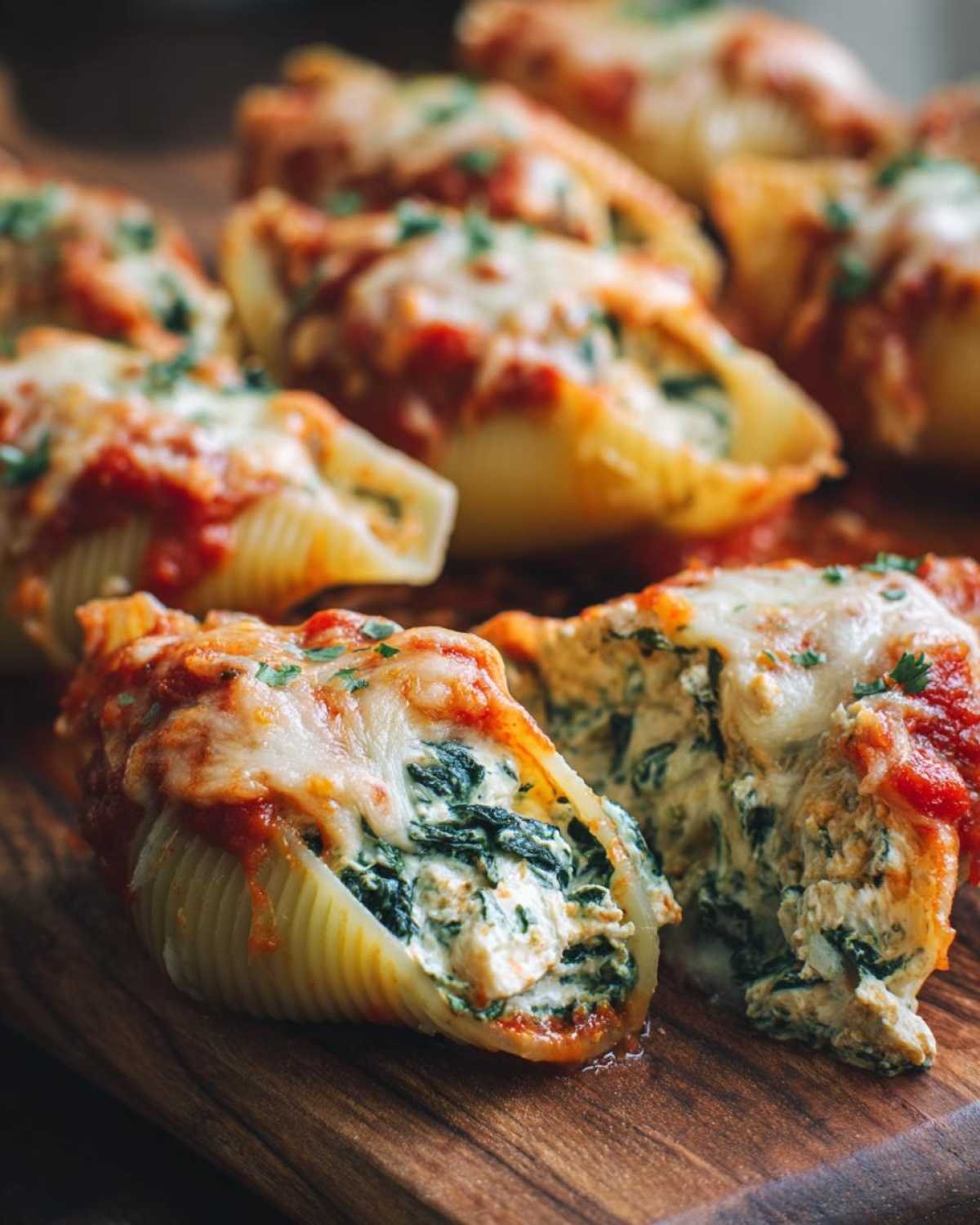 Close-up of Cheesy Chicken Stuffed Shells with Spinach, showing melted cheese and rich filling.