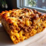 A thick, square slice of Cheesy Ground Beef Pasta Bake Comfort Food with a rich meat sauce and bubbly, browned cheese topping.