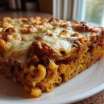 A close-up slice of Cheesy Ground Beef Pasta Bake Comfort Food with melted, browned cheese on top, served on a white plate.