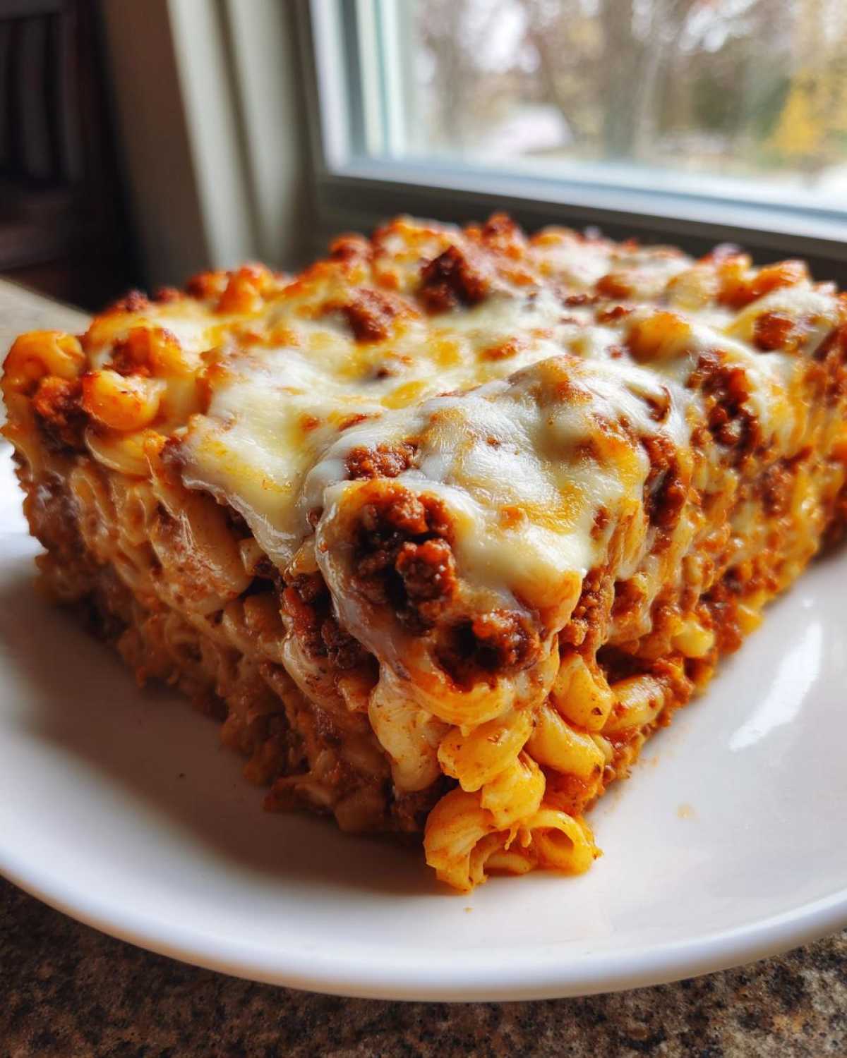 A square serving of Cheesy Ground Beef Pasta Bake Comfort Food topped with melted mozzarella cheese.