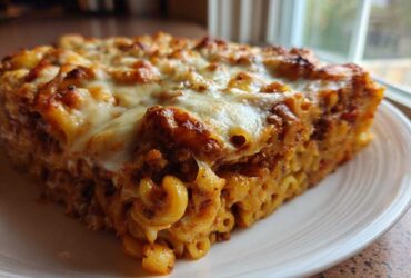A close-up slice of Cheesy Ground Beef Pasta Bake Comfort Food with melted, browned cheese on top, served on a white plate.