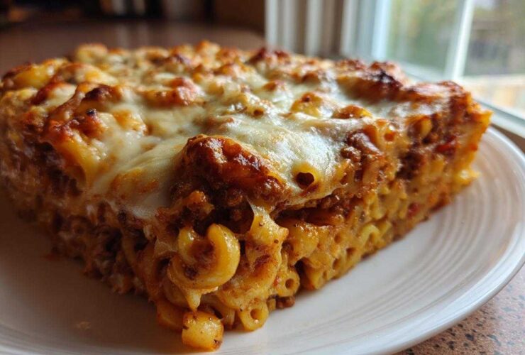 A close-up slice of Cheesy Ground Beef Pasta Bake Comfort Food with melted, browned cheese on top, served on a white plate.
