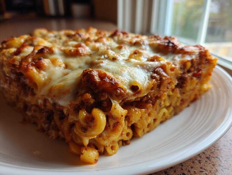 A close-up slice of Cheesy Ground Beef Pasta Bake Comfort Food with melted, browned cheese on top, served on a white plate.