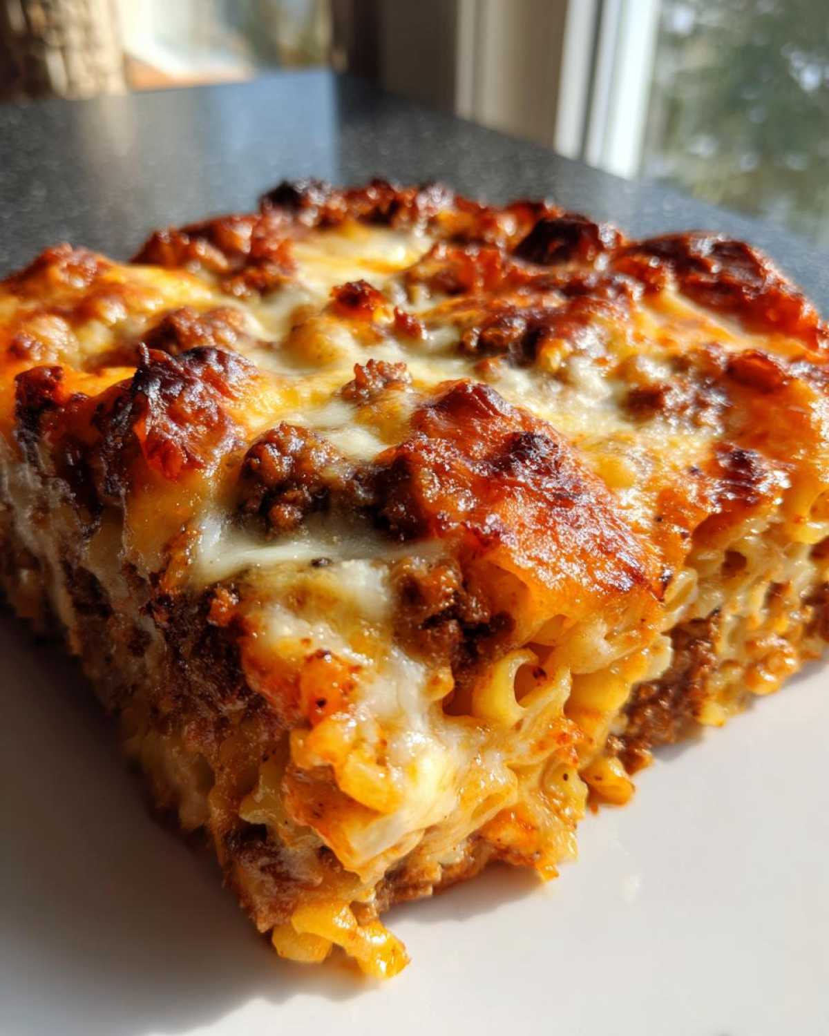 Close-up of a baked slice of Cheesy Ground Beef Pasta Bake Comfort Food with browned, melted cheese topping.