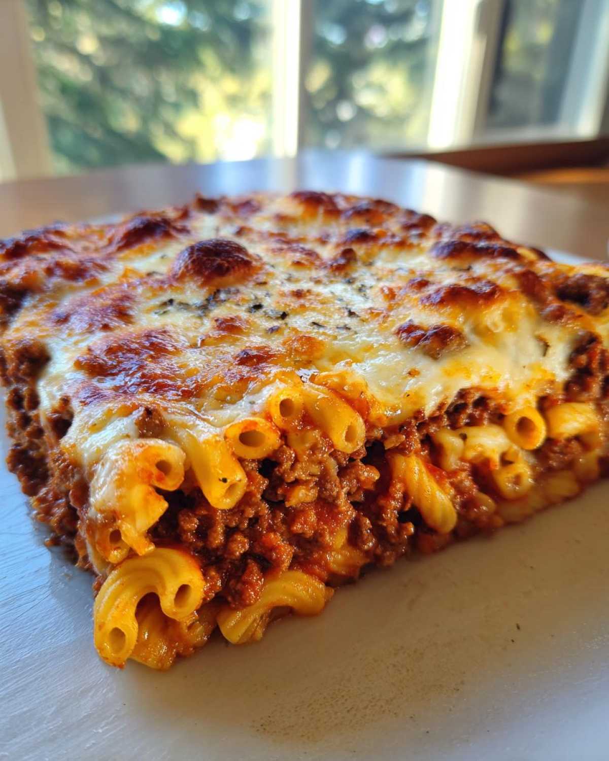 Close-up of a thick slice of Cheesy Ground Beef Pasta Bake Comfort Food with bubbly, browned cheese topping.