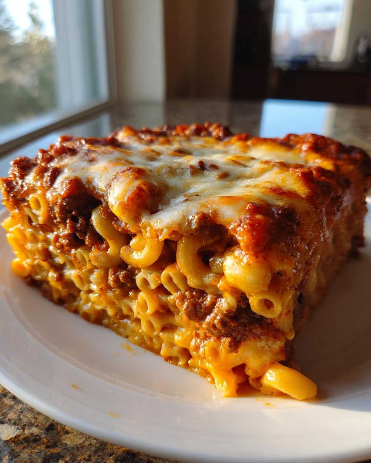 A thick, square slice of Cheesy Ground Beef Pasta Bake Comfort Food with melted cheese topping, served on a white plate.