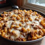 A close-up of a Cheesy Ground Beef Pasta Skillet topped generously with melted mozzarella cheese in a black pan.