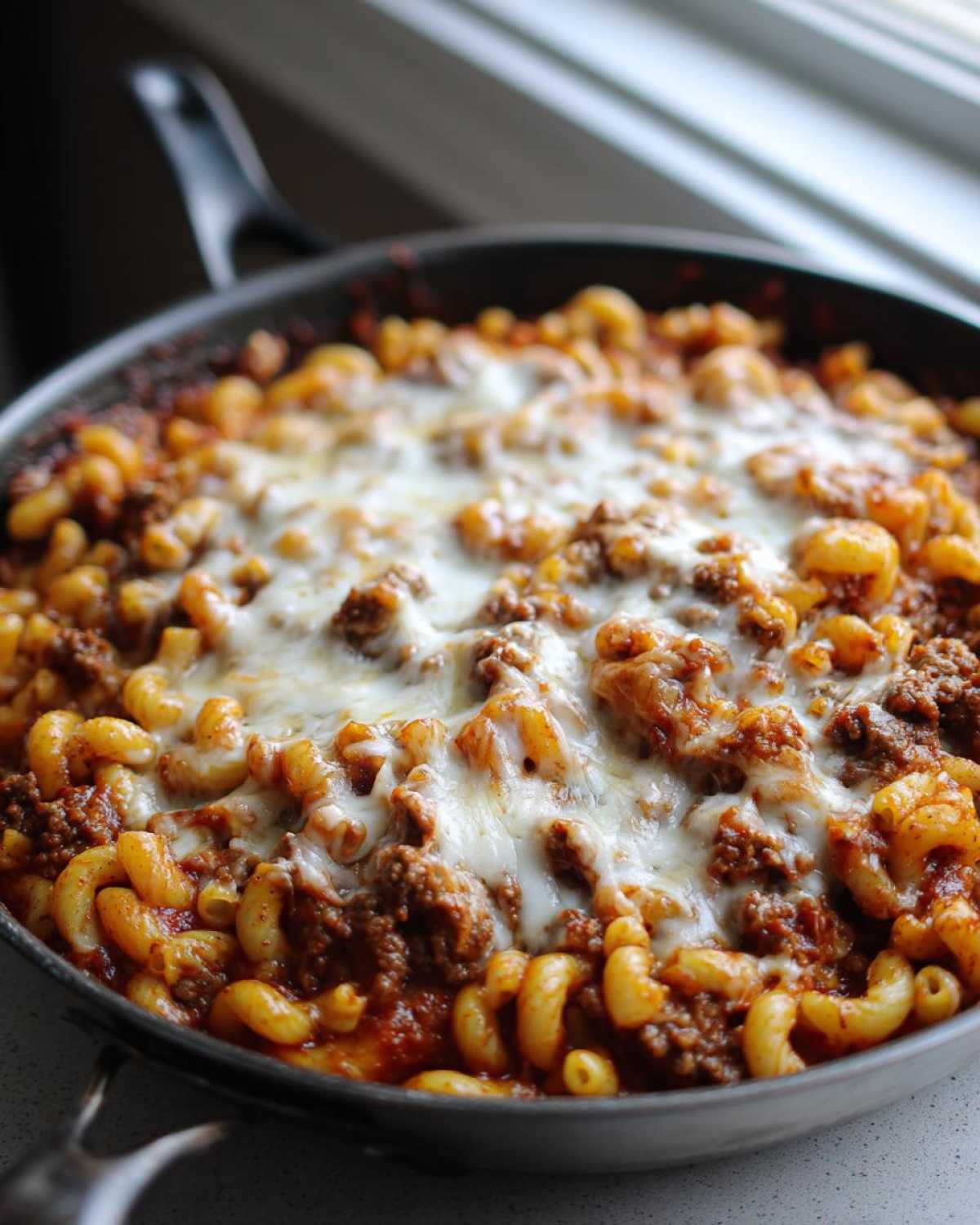 Close-up of a Cheesy Ground Beef Pasta Skillet topped with bubbly, melted mozzarella cheese in a dark skillet.