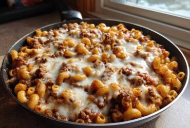 A close-up of a Cheesy Ground Beef Pasta Skillet topped generously with melted mozzarella cheese in a black pan.