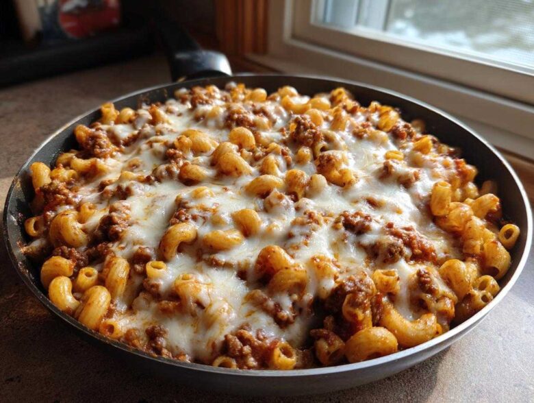 A close-up of a Cheesy Ground Beef Pasta Skillet topped generously with melted mozzarella cheese in a black pan.