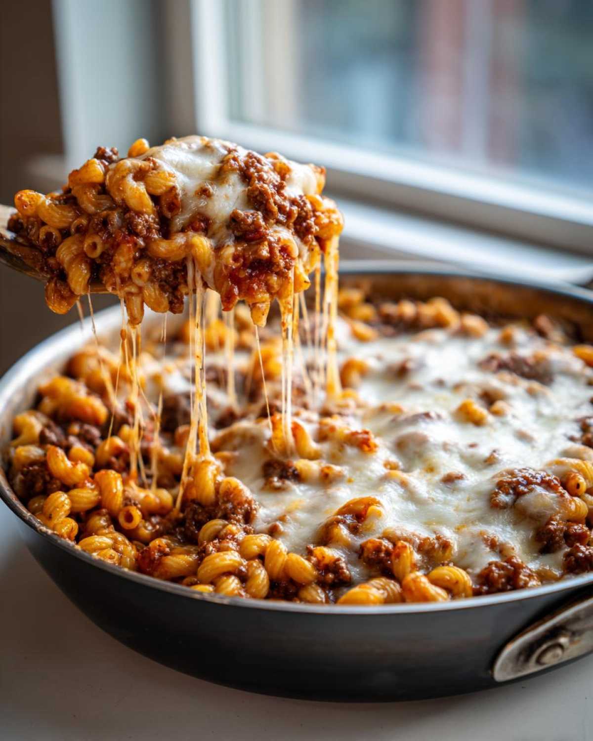 A wooden spoon lifting a portion of Cheesy Ground Beef Pasta Skillet, showing dramatic mozzarella cheese pulls.