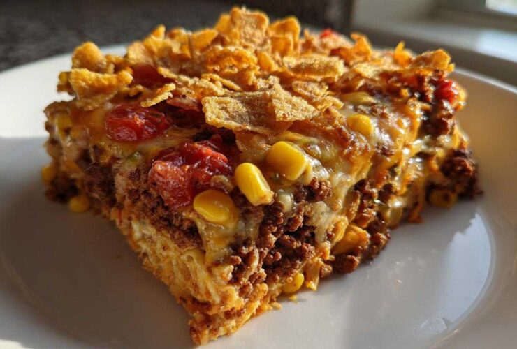 A hearty slice of Cheesy Ground Beef Queso Bake Comfort Dish topped with melted cheese, corn, tomatoes, and crunchy cornflakes.